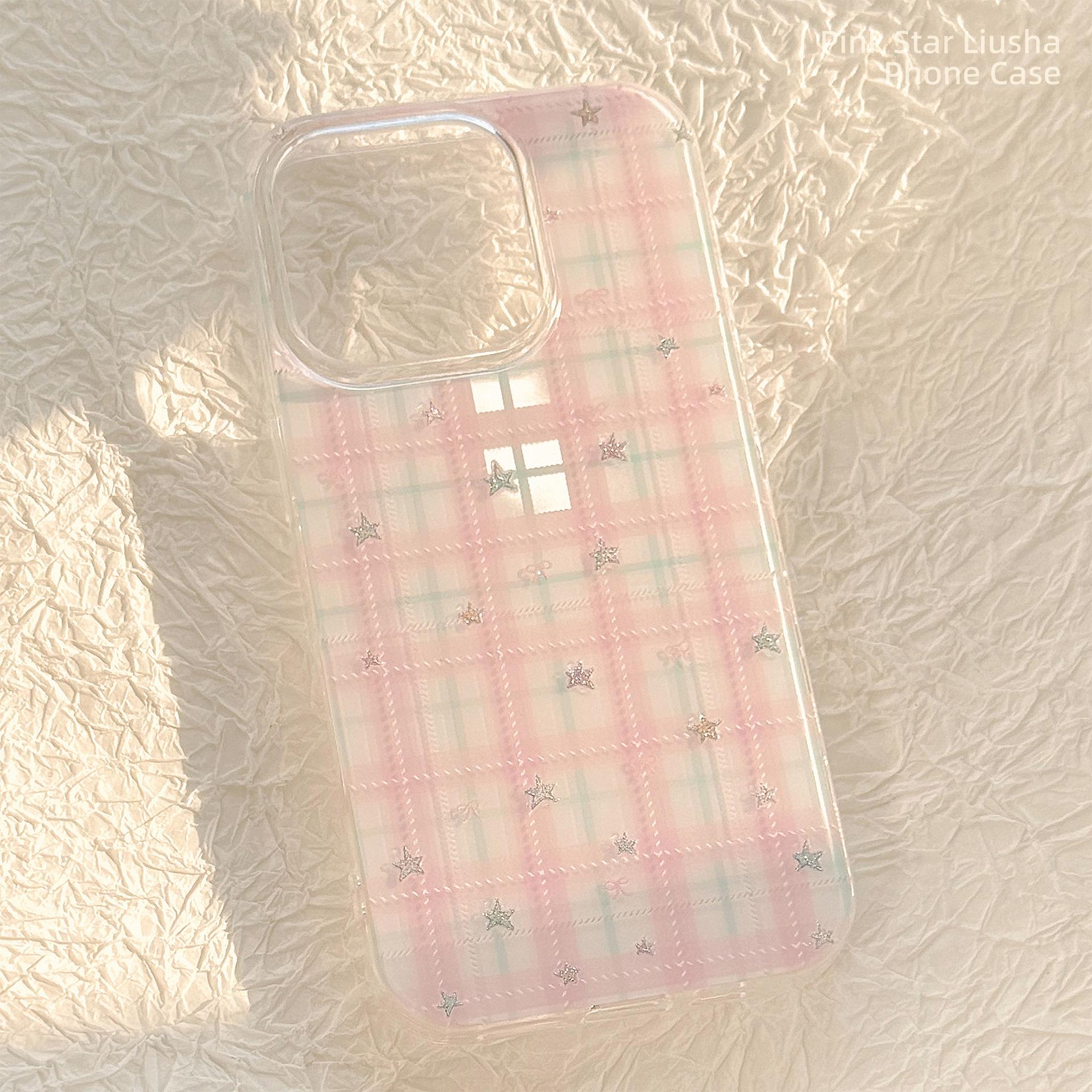 

Sweet and Sweet Suitable for Apple 16 Mobile Phone Case Iphone17promax Hard 13 Pink Plaid Star 12pro max(6.7)