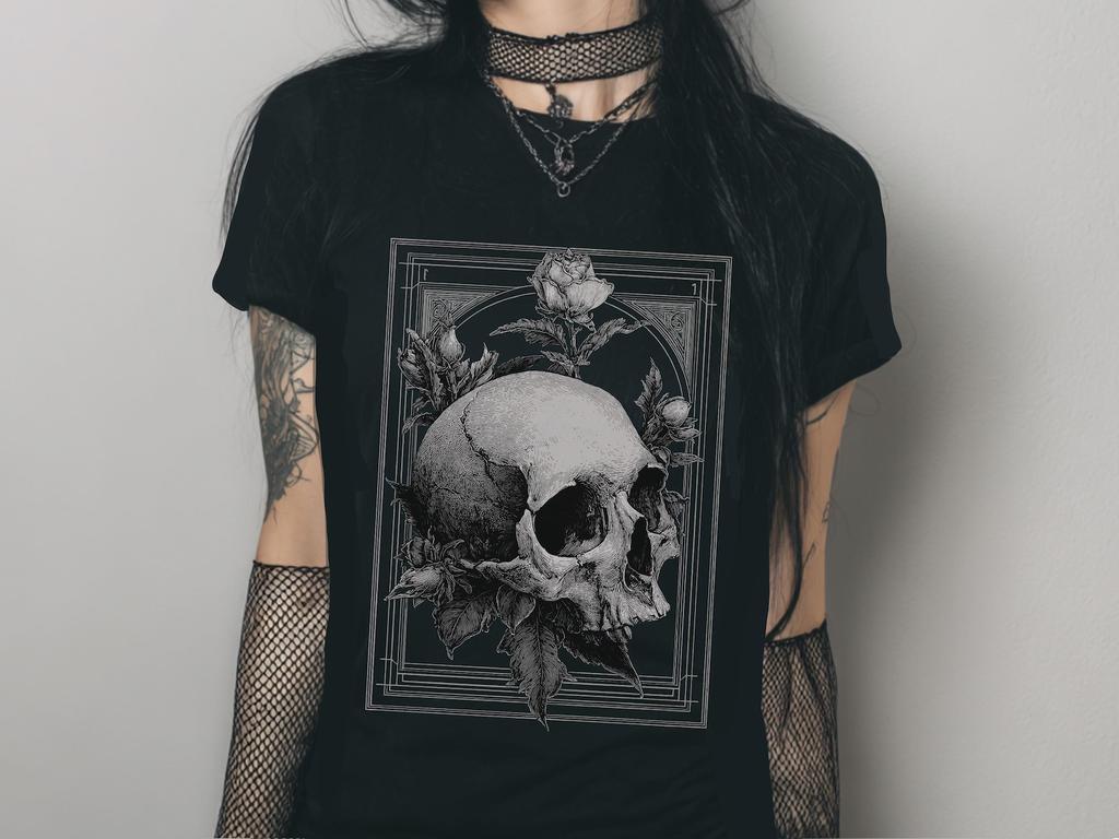 Gothic Skull & Roses Women's Fitted T-Shirt, Emo Pastel Goth Shirt, Dark Academia Whimsigoth Clothing, Goth Coquette Top, Gift For Her