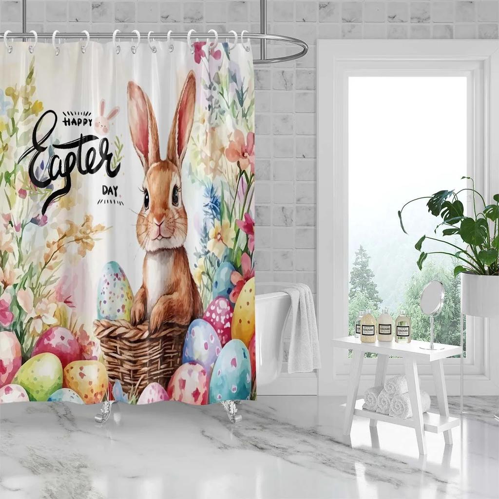 1 180x180cm Easter themed cartoon rabbit Easter egg pattern printed shower curtain partition bathroom waterproof