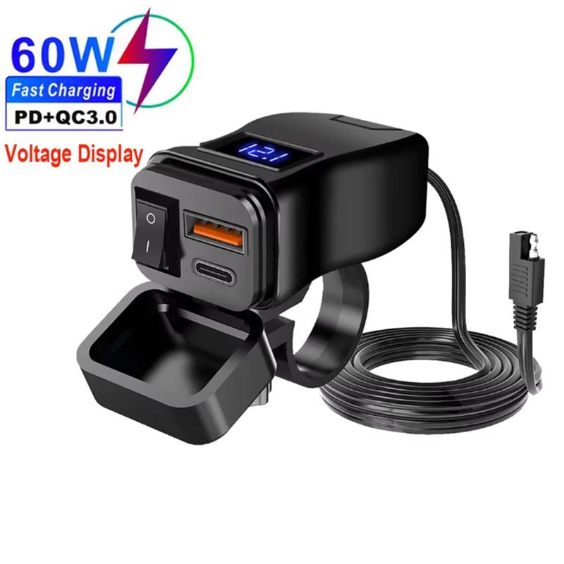 PD QC3.0 Motorcycle USB Fast Charger 60W Handlebar Dual USB Socket with Switch Voltmeter Waterproof 12V Power Supply Adapter