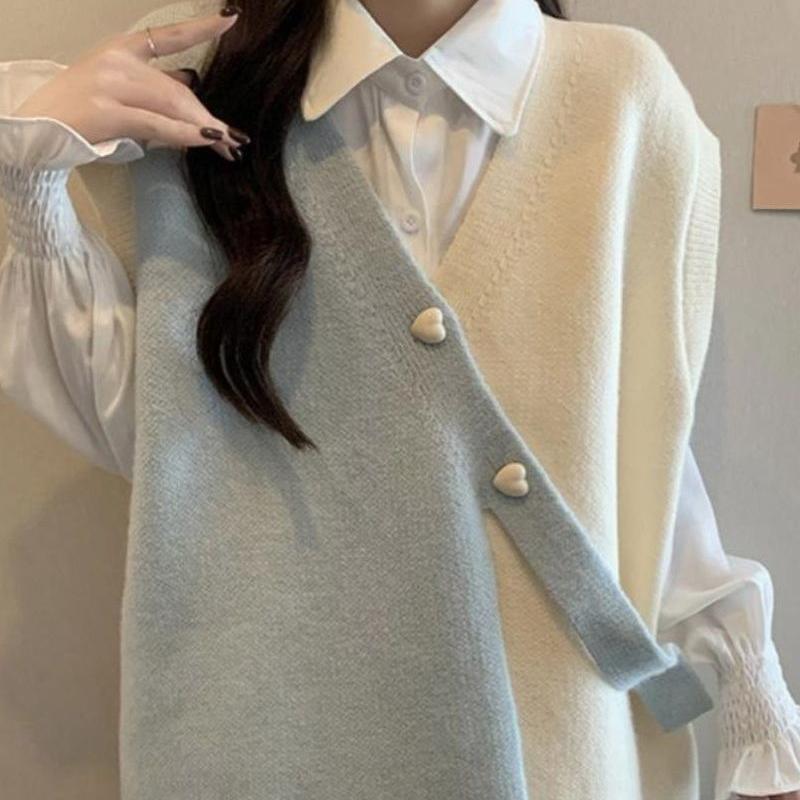 Women Irregular Contrasting Vest Sweaters Korean Gentle V-neck Female Knitted Sweater Autumn Casual Pullover Ladies Top