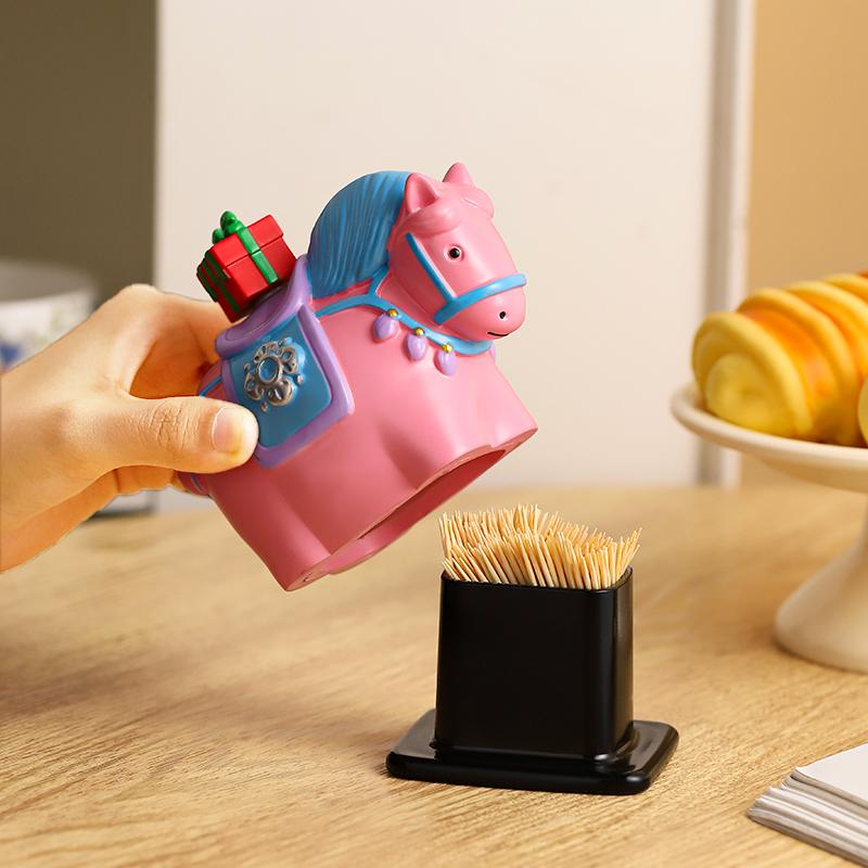 Cute Horse Toothpick Cylinder Creative Pony Toothpaste Box Home Tea Table Floss Box Cotton Swabs Storage Can Home Desktop Ornament