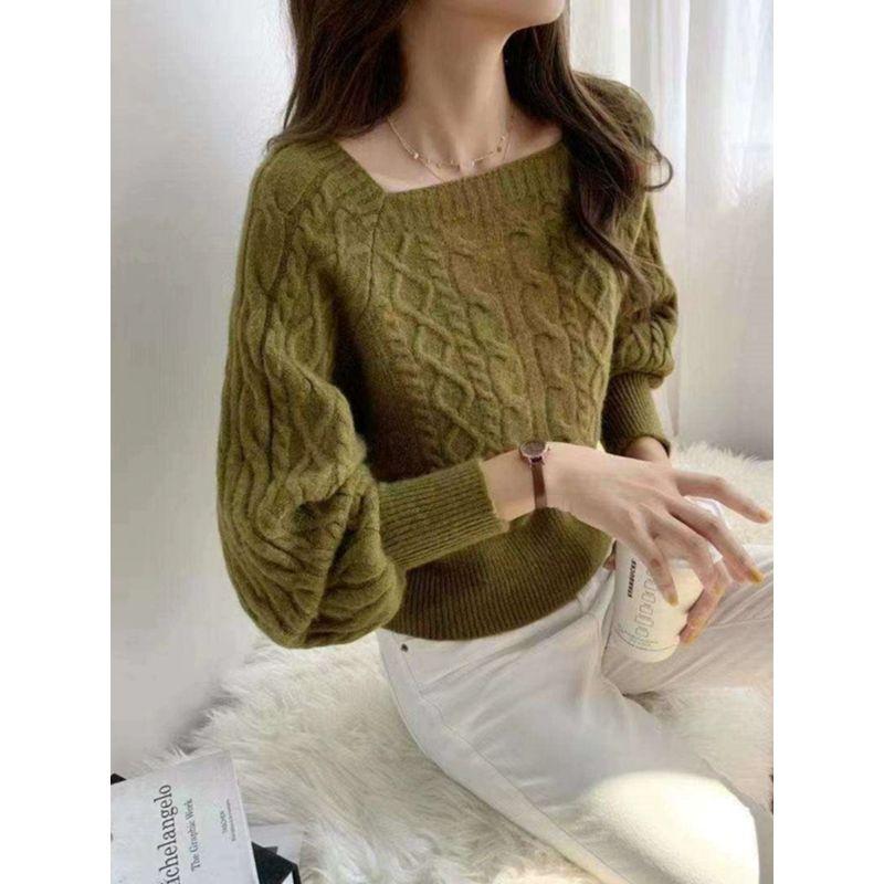 New Square Collar Retro Hemp Pattern Loose Knitwear
