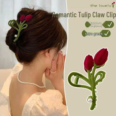 Retro 2025 Perle Tulpe Beflockte Krallenklemme - Elegantes Hochsteckfrisur Haaraccessoire für Frauen