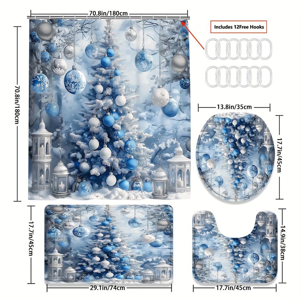 4Pcs Bathroom Shower Curtain Set Christmas Tree Snowflake Print Bathroom Curtain With 12 Hooks Non Slip Rugs Toilet Cover Mat Bathroom Partition
