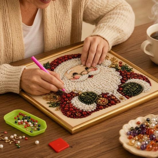 Sparkling 3D Painting Canvas DIY Christmas Faux Pearl Art Kit with Frame, Santa Winter Holiday Theme Craft Supplies Beads for Adults Beginner,