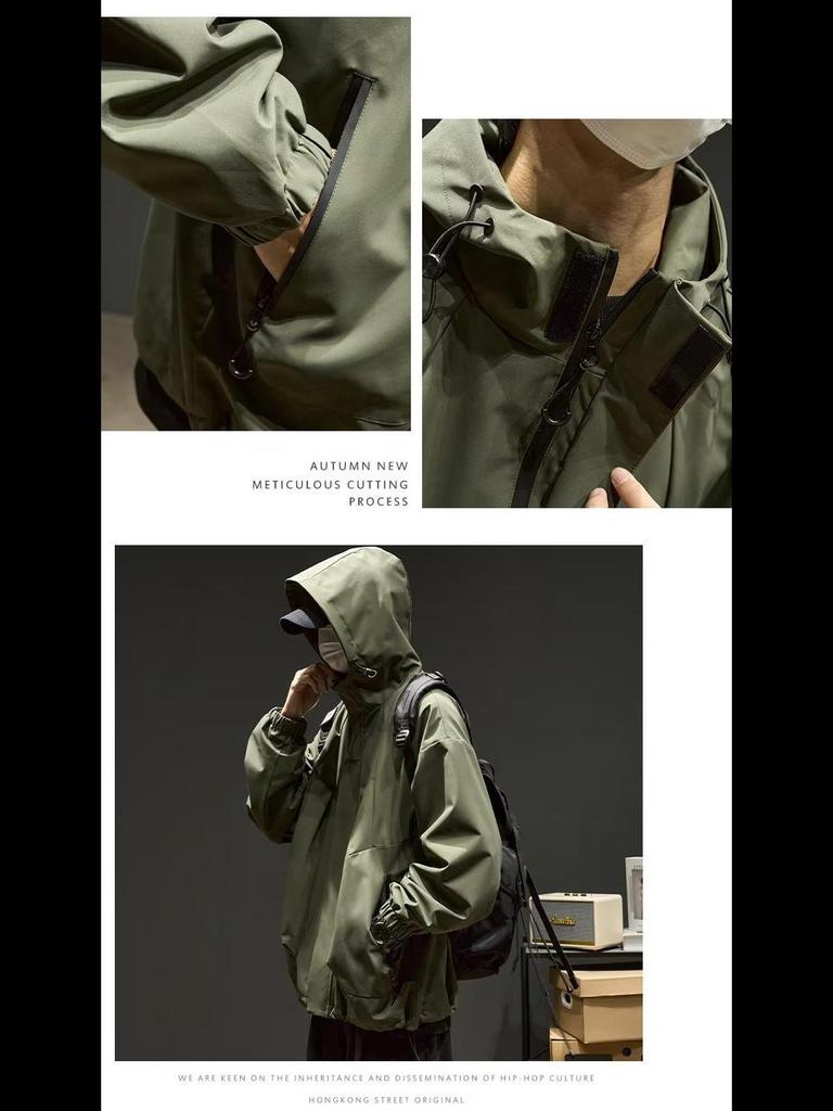 Herren Lockerer Kapuzen-Bergsteigerjacke: Japanische Mode, Amerikanisch Lässig, Frühling/Herbst