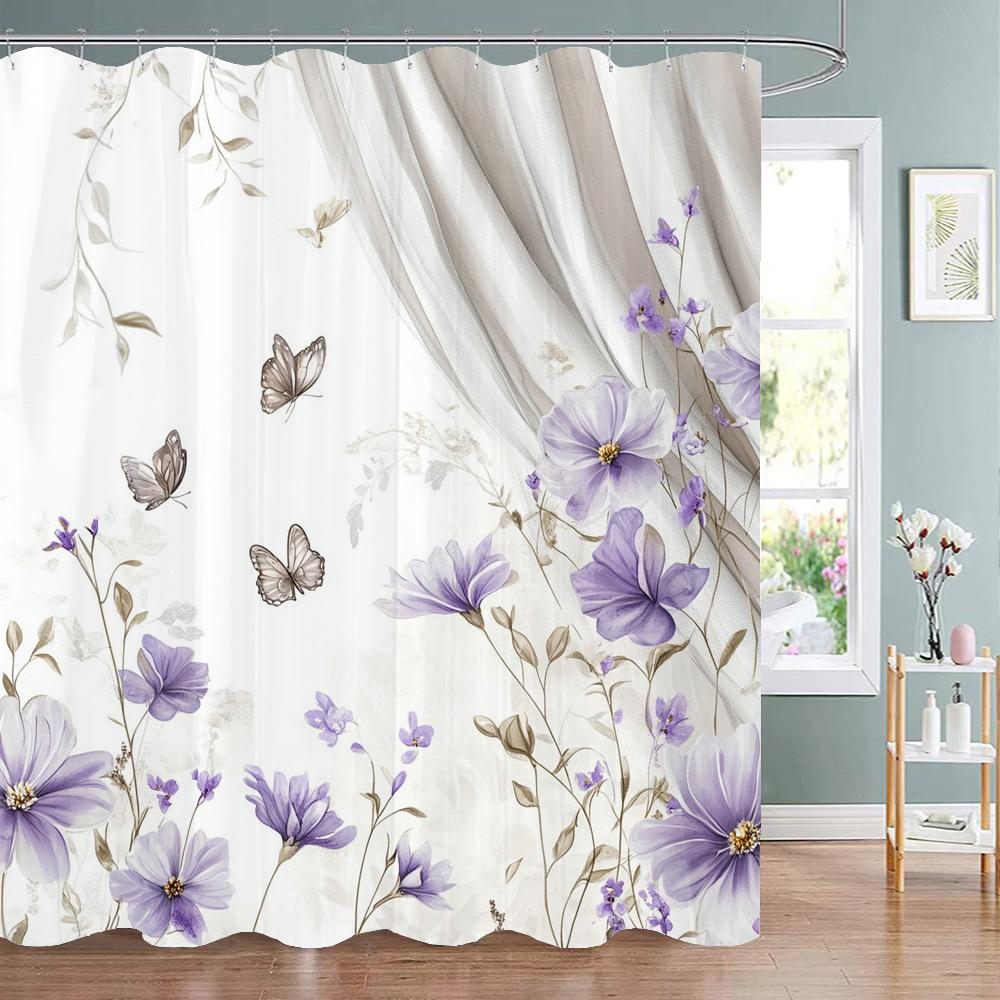 Watercolor Purple Flowers And Butterflies Printed Shower Curtain, Bathroom Curtain, Home Decoration Curtain With Hooks