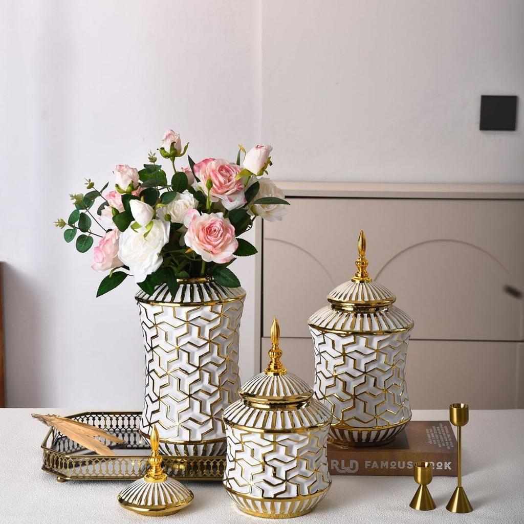 Light luxury ceramic general bottle storage jar Hotel flower arrangement ornament white gold ceramic vase large flowerpot decor
