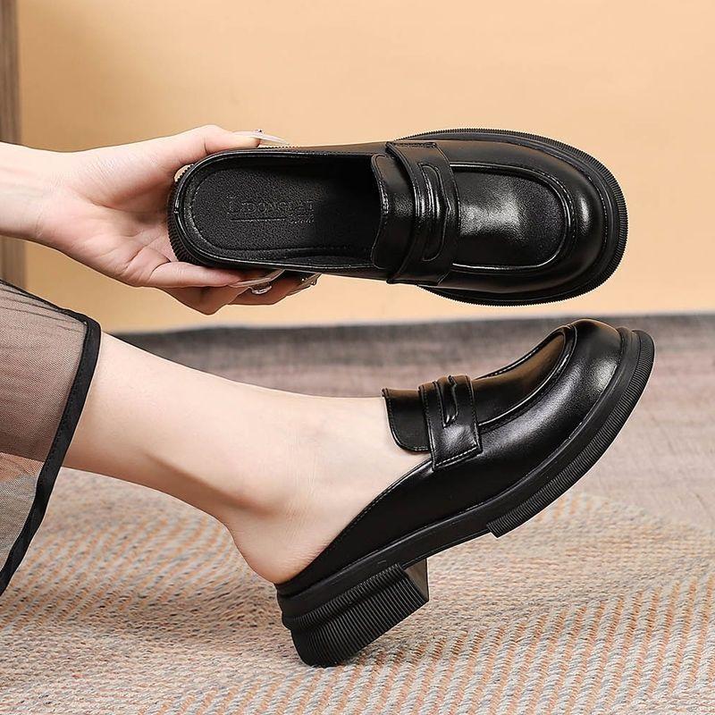 Slides Round Toe Women's Mules Slippers and Ladies Sandals Leather Shoes Height Black Wholesale 39 Stylish Summer 2025 Unique