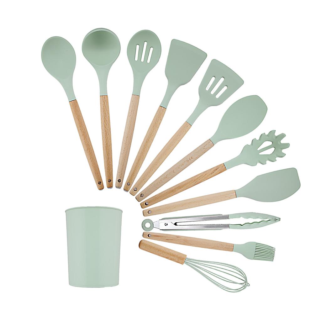 Silicone Kitchenware Cooking Utensils Set Non-stick Cookware Spatula Shovel Egg Beaters Wooden Handle Kitchen Cooking Tool
