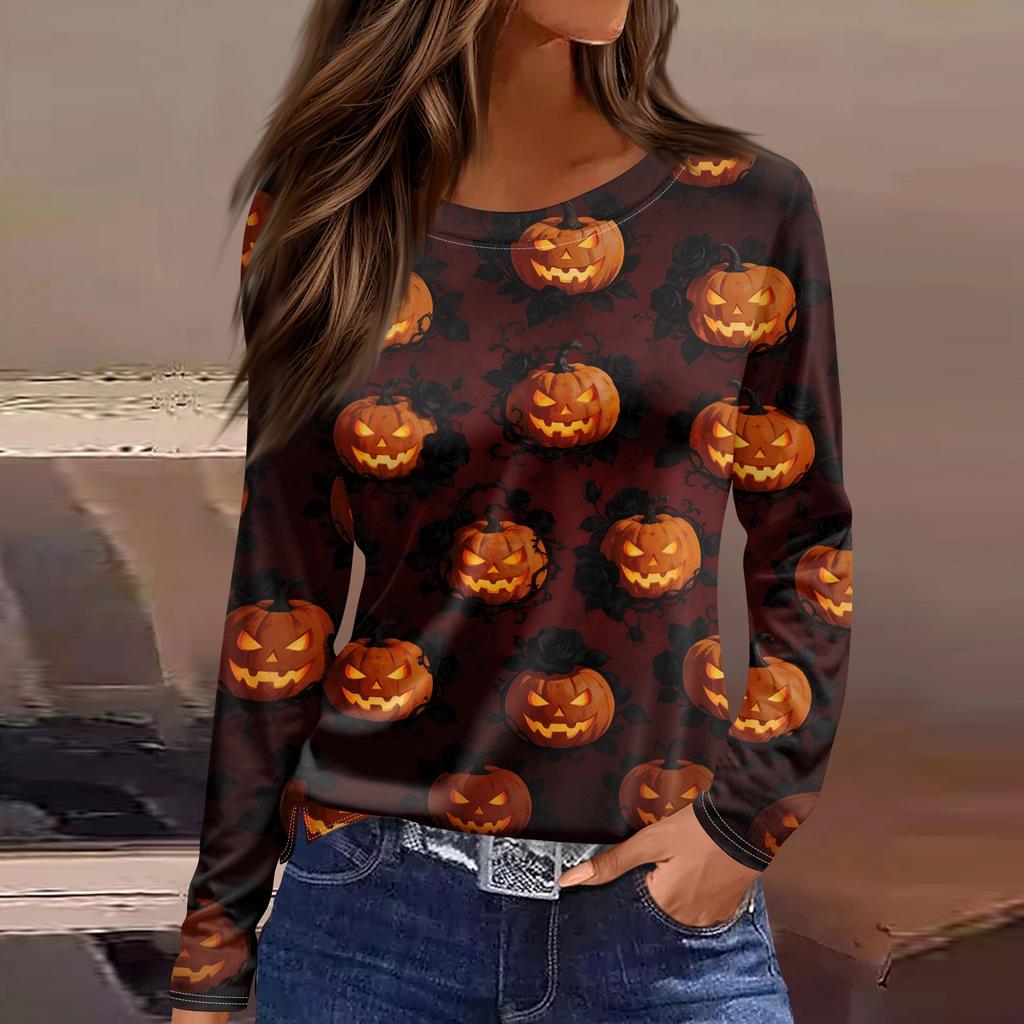 Women's Halloween Print Long Sleeve Round Neck Casual Top with Side Slit