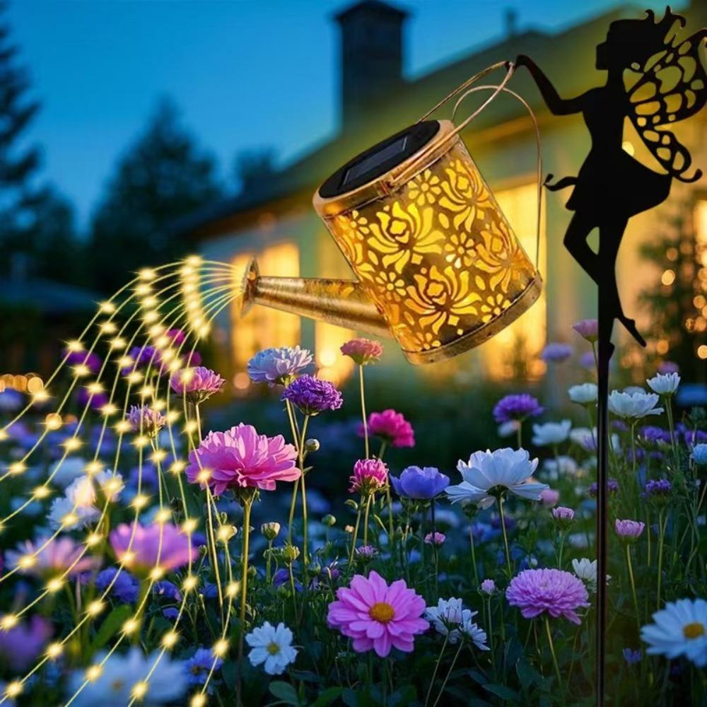Outdoor Solar Watering Can Lights, Waterfall LED String Fairy Lights, Garden Kettle Projection Decorative Lights