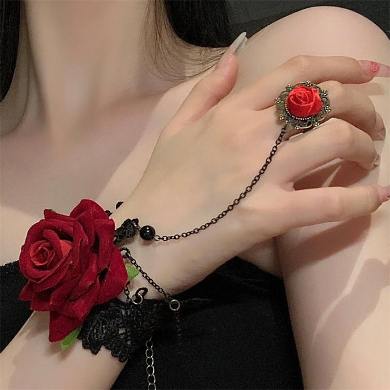 Black Lace Red Rose Finger Bracelet With Ring Harness Slave Link With Ring Bracelet Accessories Party For Women