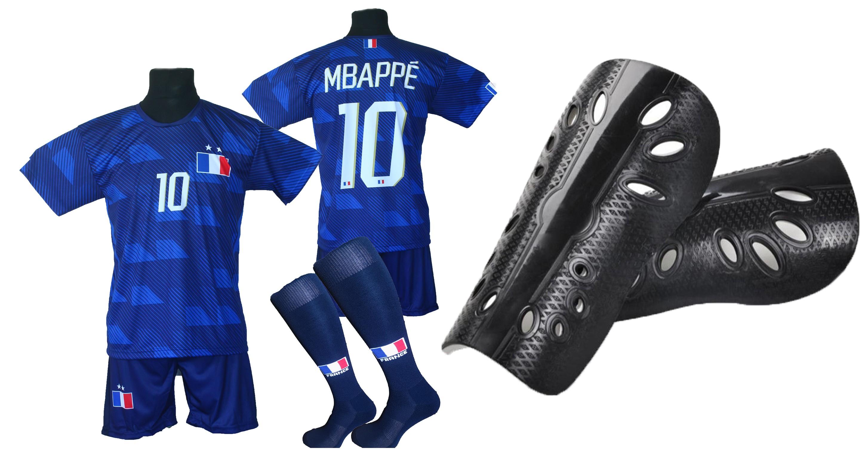 MBAPPE Frankreich Kinder-Fußballtrikot + Stutzen + Schienbeinschoner - Größe 122