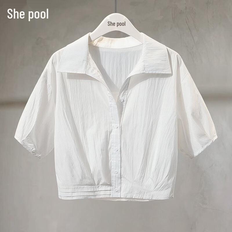 Shechi Women s Lapel Puff Sleeve Pleated Short Blouse S