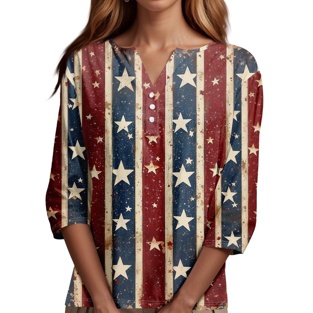 Damen T-Shirt mit Aufdruck, Knopfleiste, 3/4-Ärmel, modisch für den Alltag und das Wochenende, Basic, V-Ausschnitt, normales Oberteil