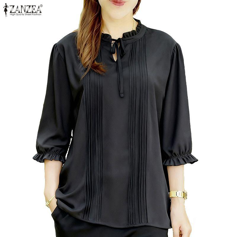 ZANZEA Women Casual Round Neck Solid Color 3/4 Sleeve Blouse