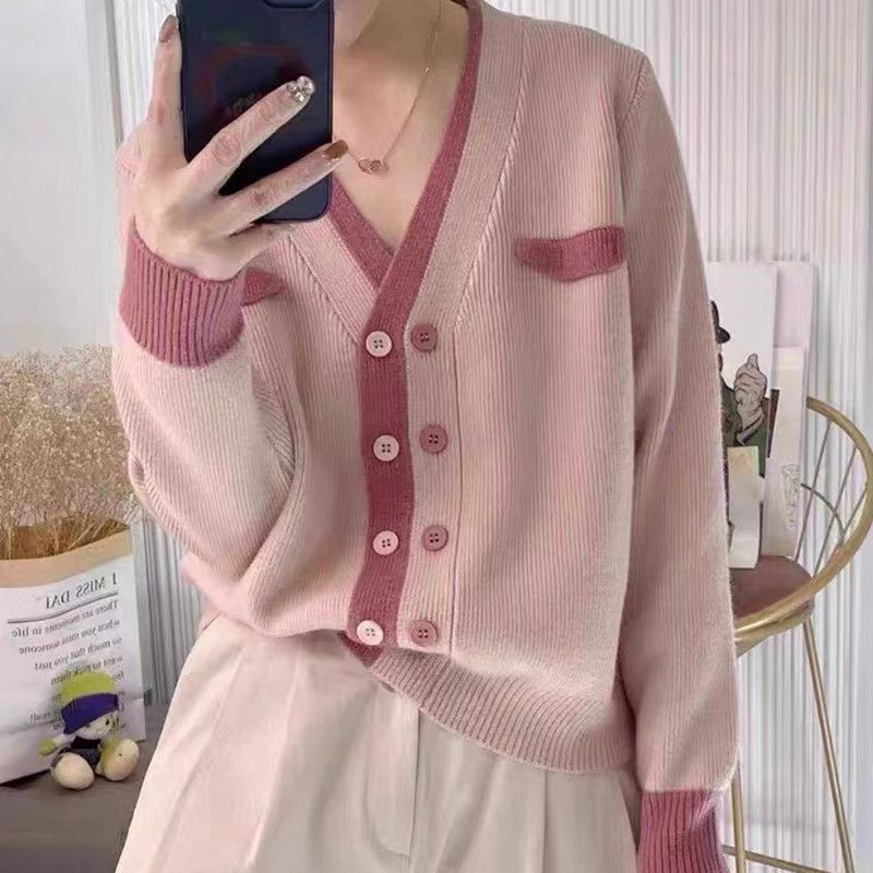 

Spring Cardigan Women Korean Version Loose Solid Foreign Double Breasted Cardigan Versatile Soft Glutinous Sweater Coat Women One Size рожевий