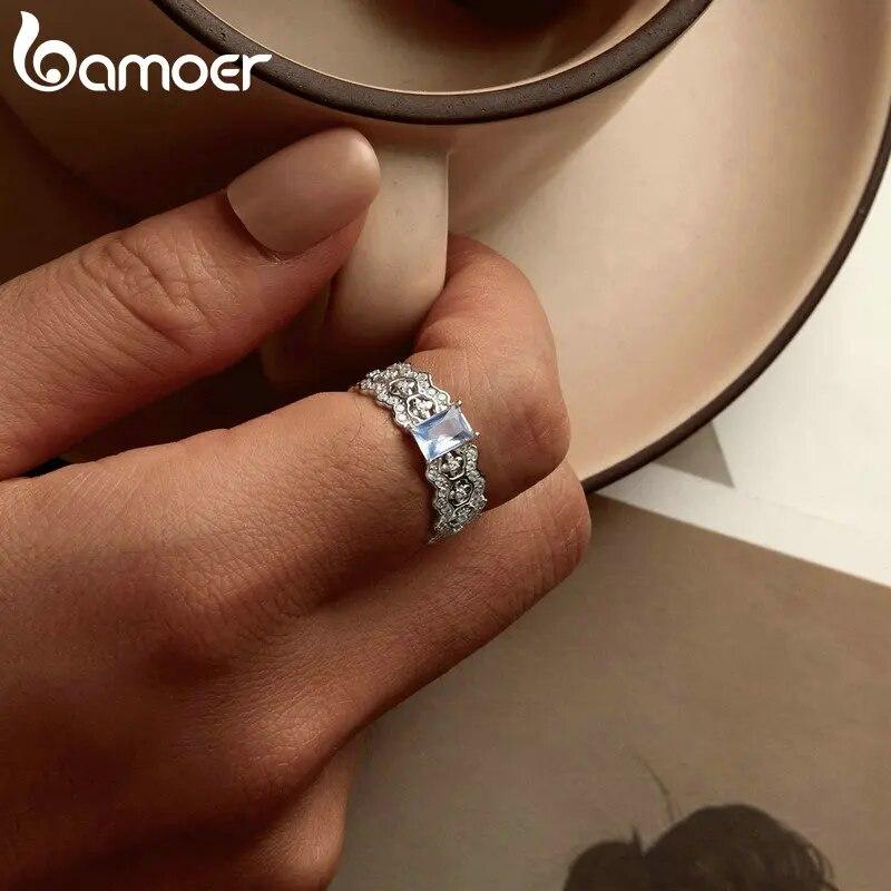 BAMOER 925 Sterling Silver Dainty CZ Lace Ring Platinum Filled Chunky Simple Intricate Texture Elegant Band