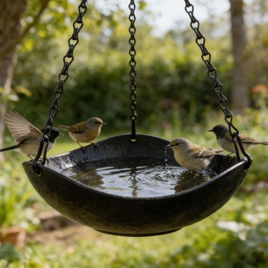 Hanging Bird Bath Imitation Wood Grain Plastic Bowl with Metal Chains Rustic Bird Bath Feeder Bowl for Multiple Birds Outdoor Garden Backyard Decor