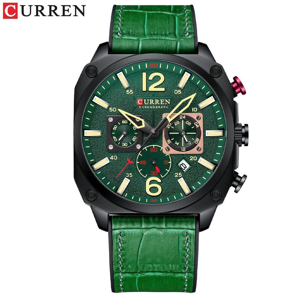CURREN Men's Leather Watch Square Multifunction Chronograph Quartz Waterproof Fashion Wristwatches
