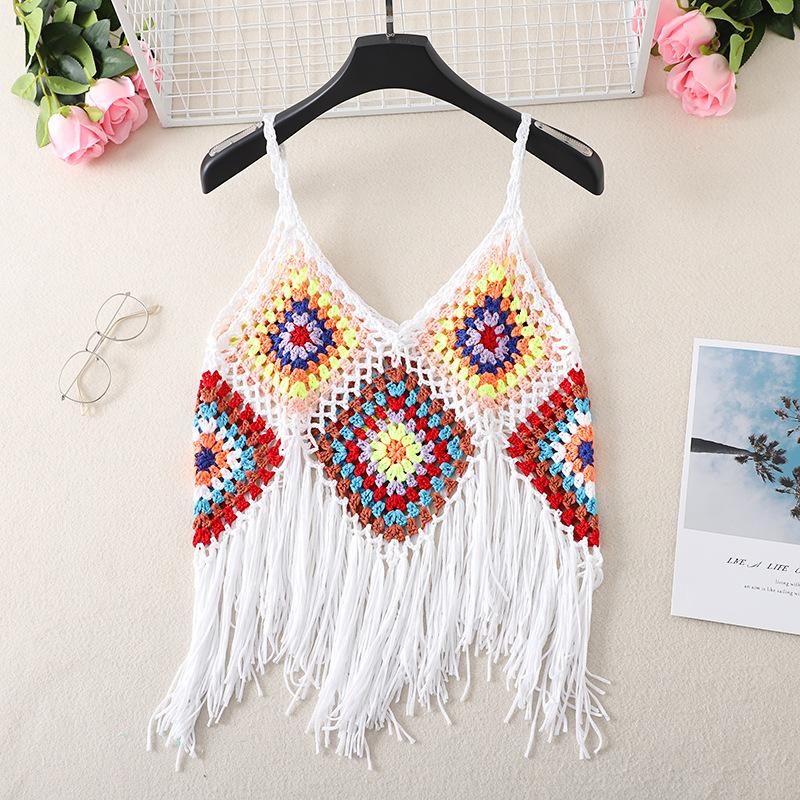 Summer Women's Camisole Ethnic Style Halter Pure Handmade Crochet Top Halter Bohemian Tassel Travel Holiday Vest