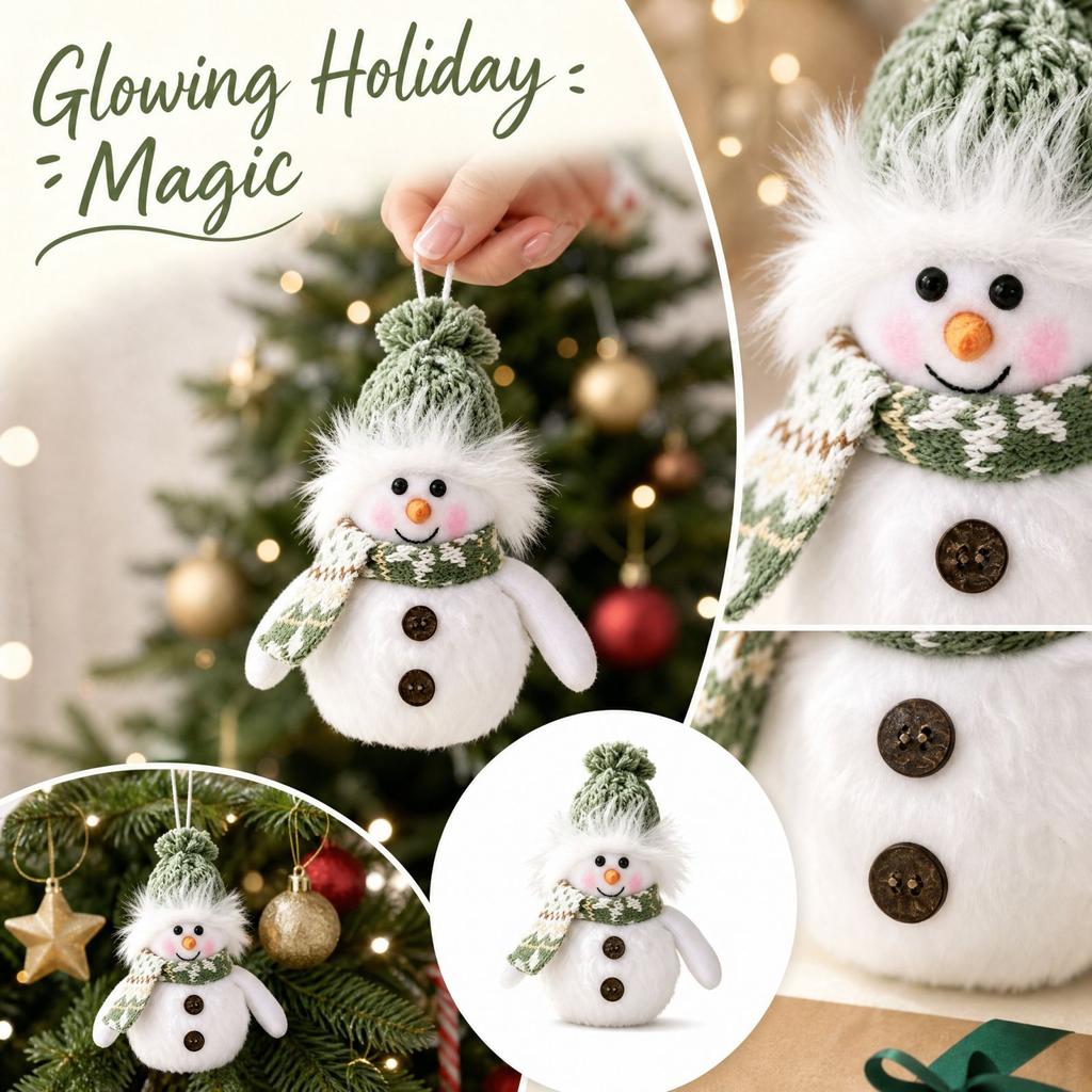 Lighted Snowman Christmas Tree Ornament - Knit Plush Hanging Decoration for Winter Holiday