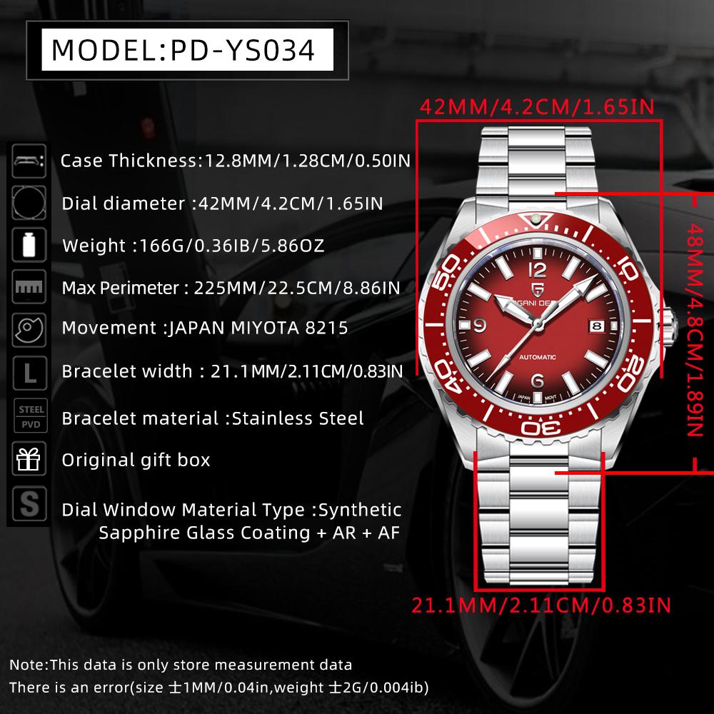 PAGANI DESIGN New 43MM Red Dial Men's Mechanical Watch Sapphire Glass Stainless Steel Waterproof Automatic Watches for Men