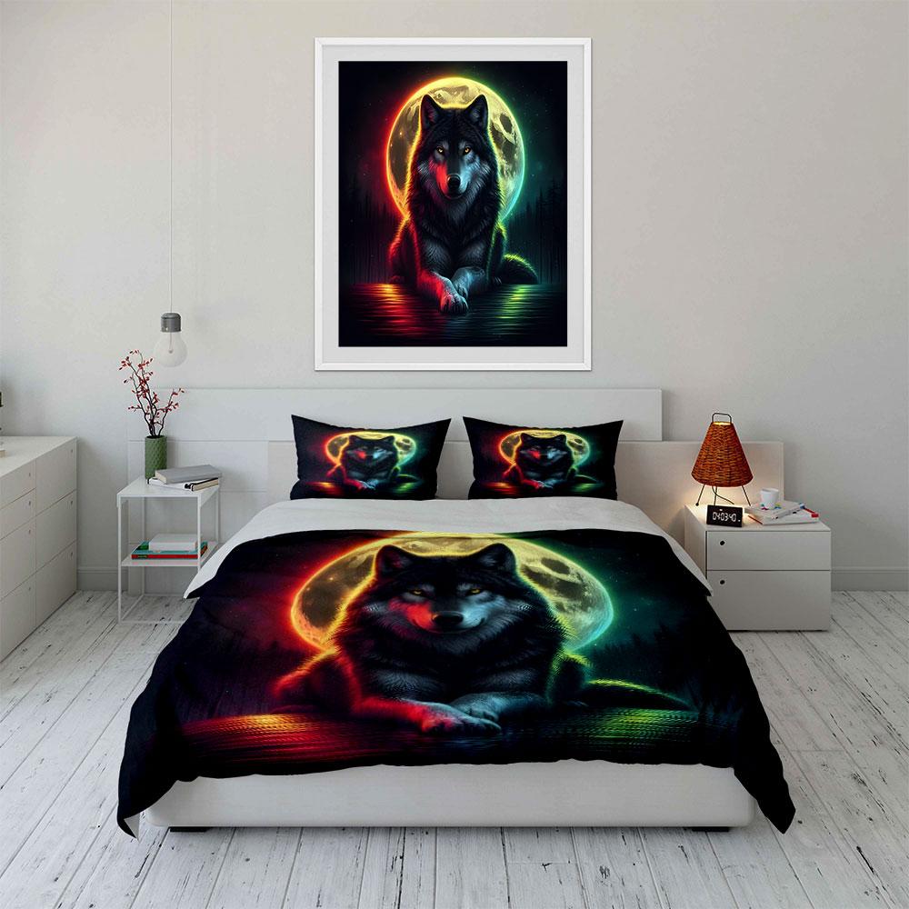 Wolf with Colorful Moonlit Night Print Bedding Set 1 Duvet Cover 2 Pillowcases for Adult and Children Luxury Gift Full Size
