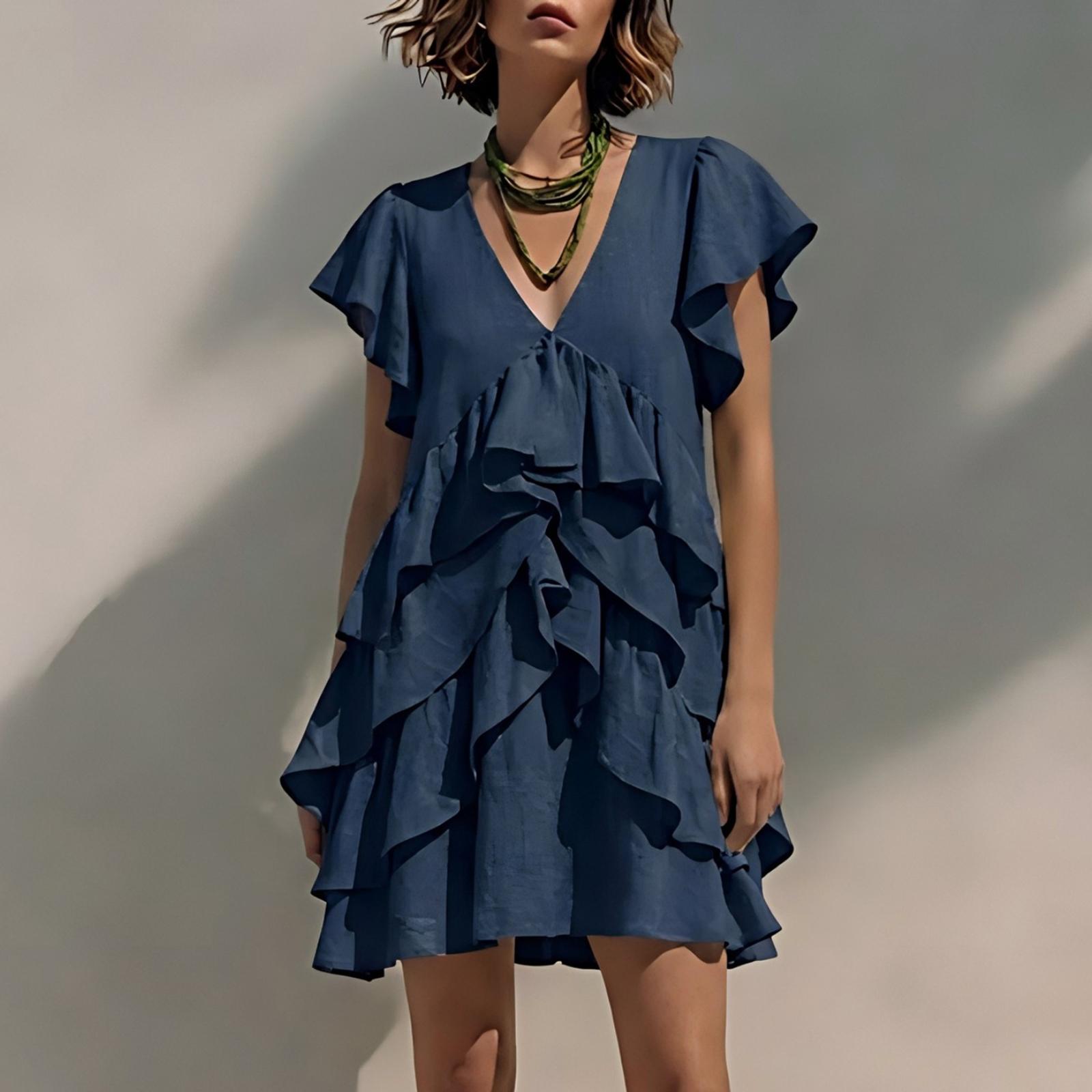 Women s V-neck Ruffled Short-sleeved Casual Loose Cotton Linen Dress M