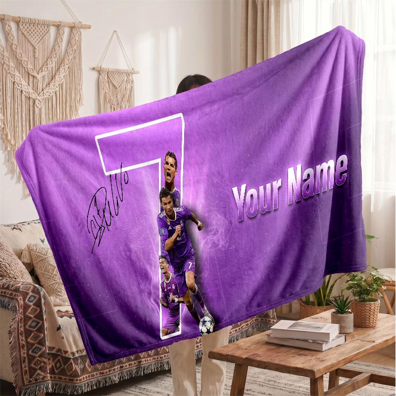 Cristiano Ronaldo Personalized Fleece Blanket With Football Logo, Custom Name Text Soft Warm Home Throw Blanket