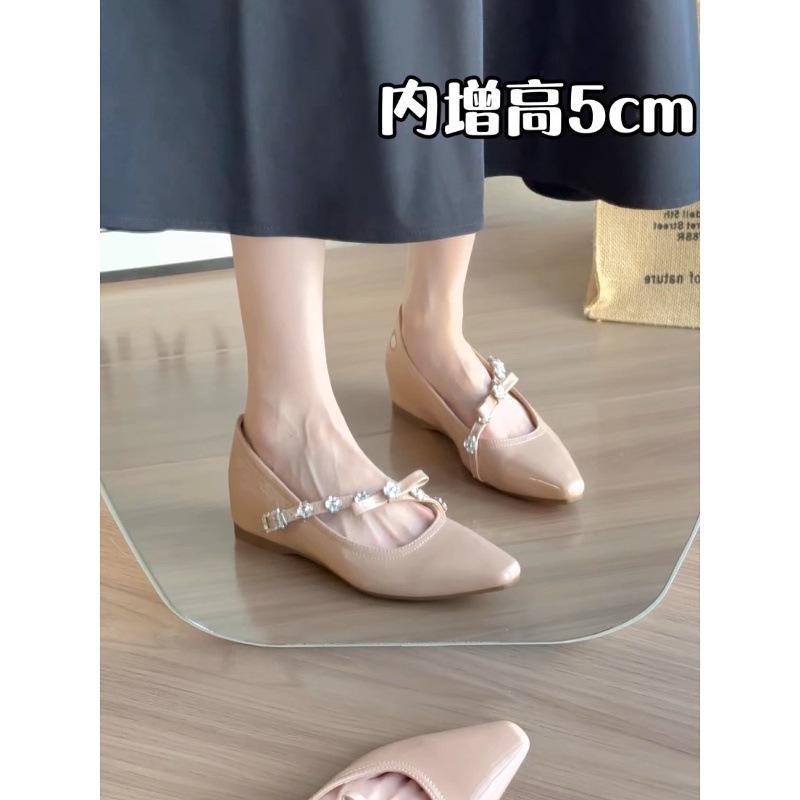 Innere Höherlegung 5cm Nude Spitze Schleife Temperament Einzelne Schuhe Damen Wort mit leichtem Mund Mary Jane Schuhe