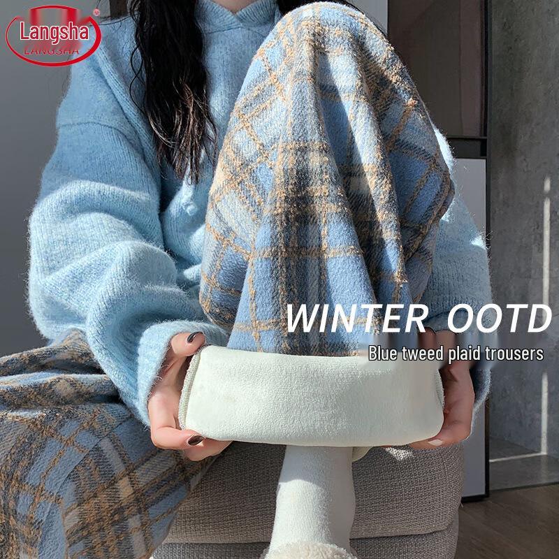 Lansha Women's Winter High-Waist Fleece-Lined Plaid Wide-Leg Pants