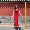 Xiaofei sleeve backless red polka dot dress women's summer French gentle ruffle edge waist thin a word long dress