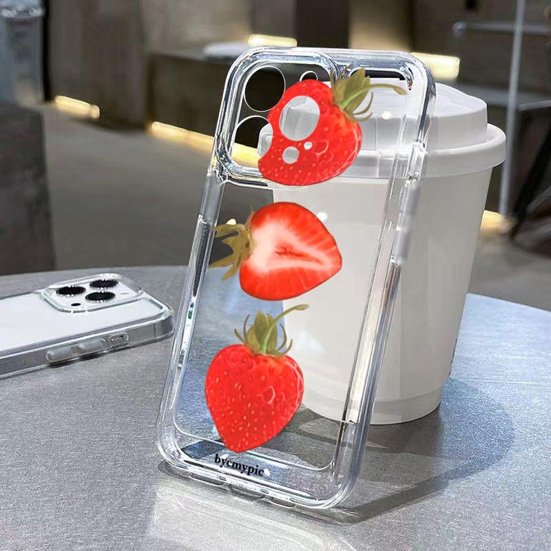 

Korean Style Strawberry Clear Phone Case For IPhone 16 15 14 13 12 11 Pro Max XS X XR 7 8 Plus SE 2022 16e Shockproof Soft Cover iphone 12 ProMax