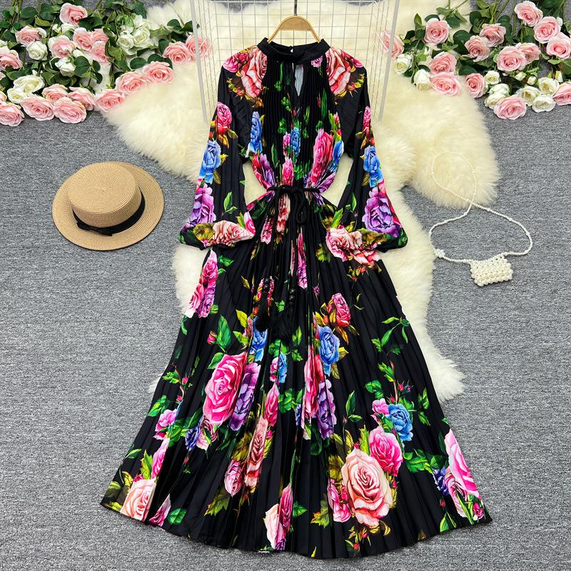 

YYFS Женская мода весна осень цветочный узор принт длинный рукав О-образный вырез высокая талия повседневные платья One size