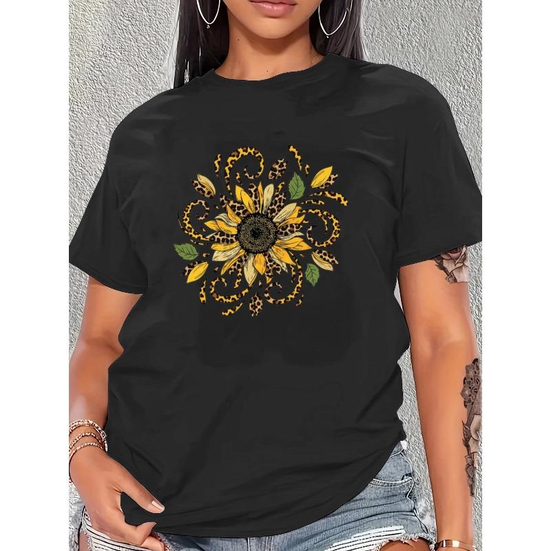Damen-T-Shirt mit kurzen Ärmeln in europäischer Größe, mit Retro-Sonnenblumen-Design und Leopardenmuster. Sommerliches Bohemian-Oberteil, Freizeitkleidung mit Rundhalsausschnitt