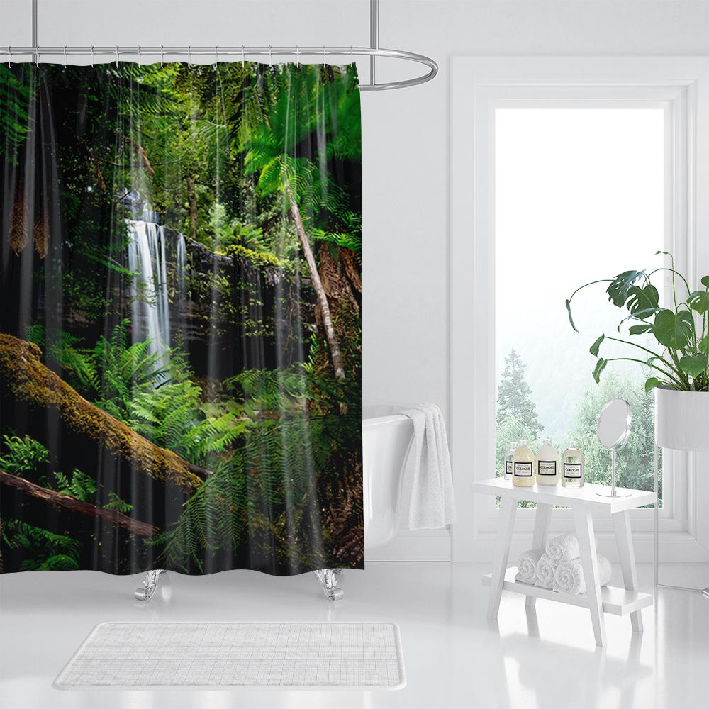 Forest Waterfall Shower Curtain Tropical Rainforest Palm Jungle Tree Green Leaves Plants Scenery Bathroom Decor Set With Hooks