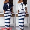 Mode Dame Anker Mønster Off Shoulder T-shirt & Stribet Maxi Nederdel Sæt To Delt Kjole Plus Size