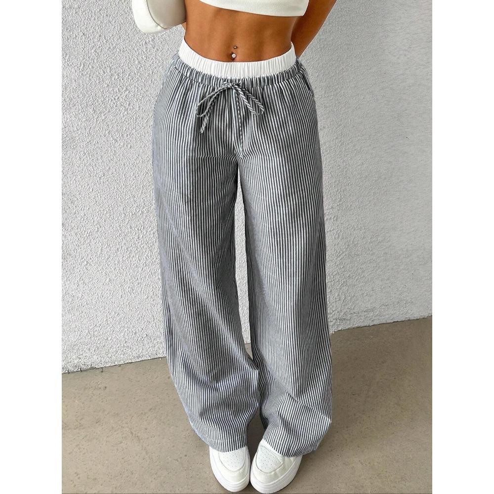 2025 New Amazon European and American Cross-border Women's Fashion Stripe Plaid Insert Color Loose Wide Leg Pants Casual Pants