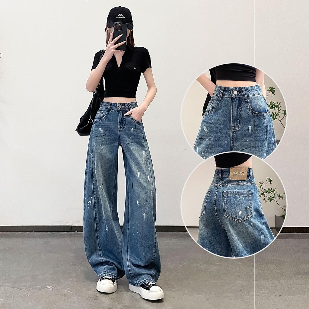 Spring Summer Trendy Splash Ink Graffiti Oil Paint Slim Wide Leg Saber Cut Fashion Casual Denim Pants Female Casual Pants Oversize Denim Trousers