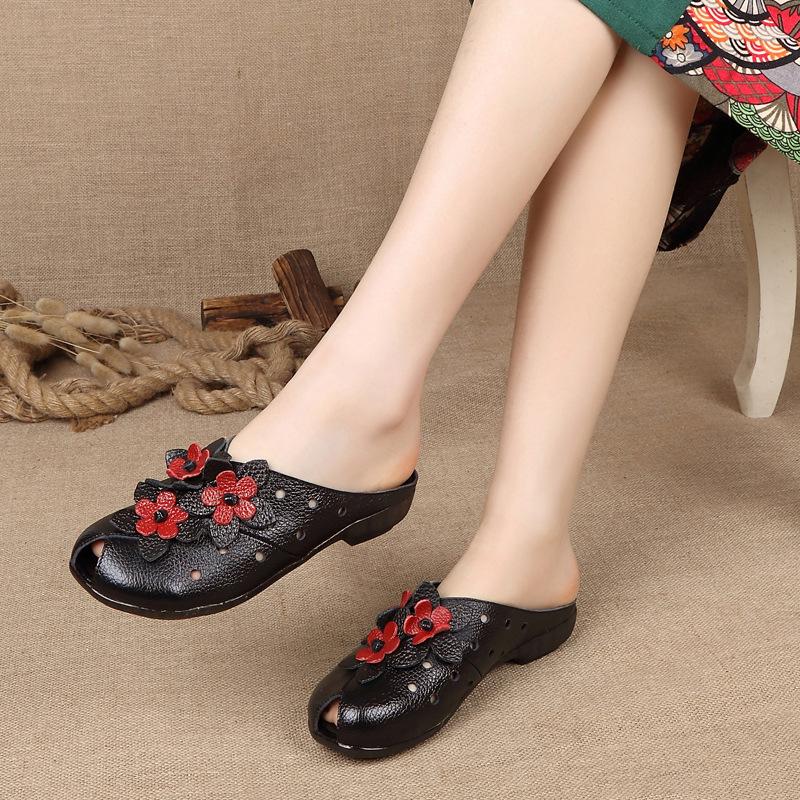 Summer Fashion Women Shoes Genuine Leather Sandals Slides Retro Flowers Closed Toe Female Loafers Flats Shoes Sandalias WSH3366