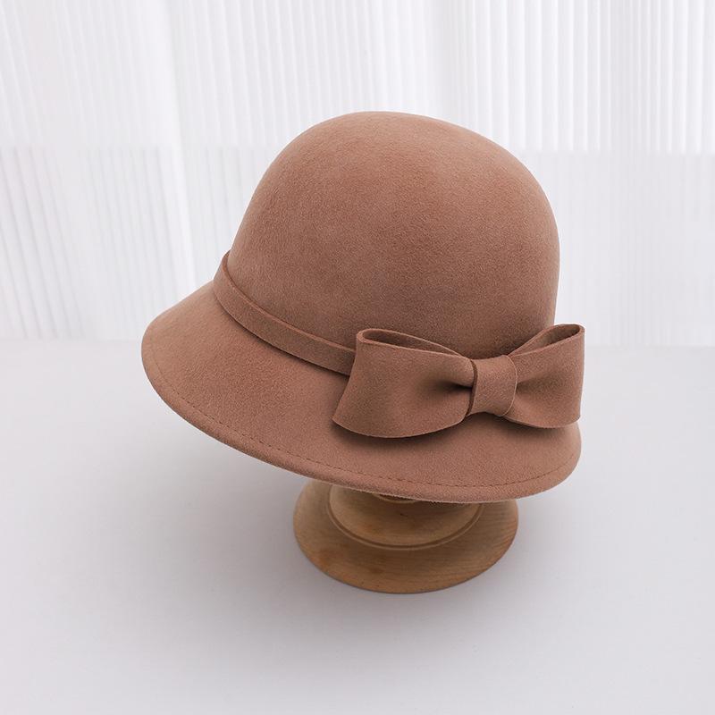 Autumn and winter hat women's bow wool basin hat dome retro british top hat outdoor bucket hat tide