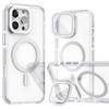 For iPhone 16 Pro Magnetic Case TPU Acrylic Clear Phone Back Cover with Lens Protector Kickstand