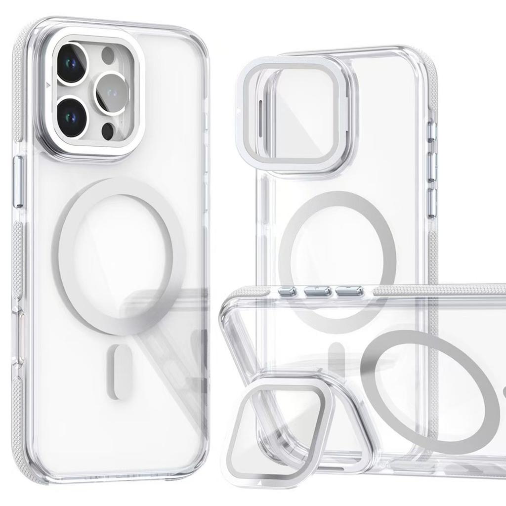 For iPhone 16 Pro Magnetic Case TPU Acrylic Clear Phone Back Cover with Lens Protector Kickstand
