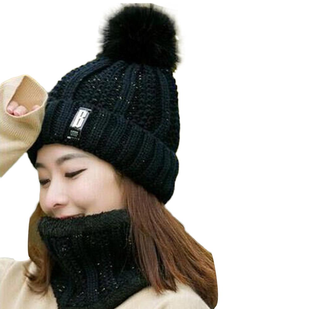 Women Ladies Warm Winter Hairball Plus Velvet  Knitted  Cap+Scarf 
