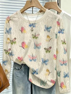 Women's Colorful Butterfly Print Long Sleeved T-shirt, Soft Style Imitation Hollow Knitting Texture Round Neck Loose T-shirt