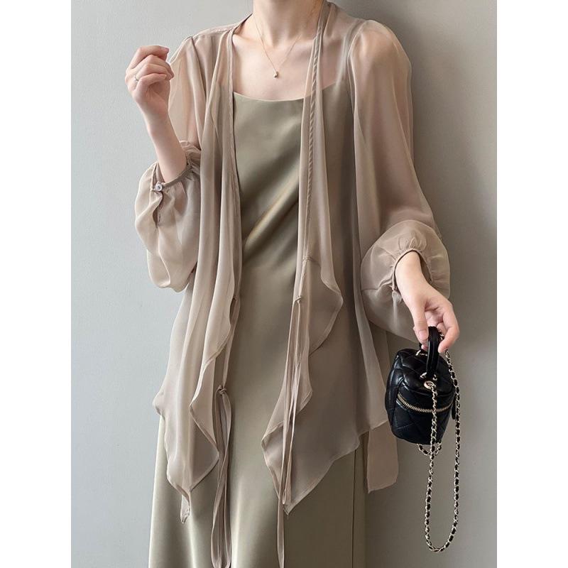 Women's V Neck Long Sleeve Midi Cardigan Loose Fit Chiffon Open Front Cover Up
