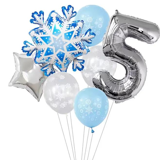 7Pcs Snowflake 32 inch Number 1-9 Foil Balloon Set Winter Snowflake Frozen Theme Balloons Birthday Party Holiday Decorations